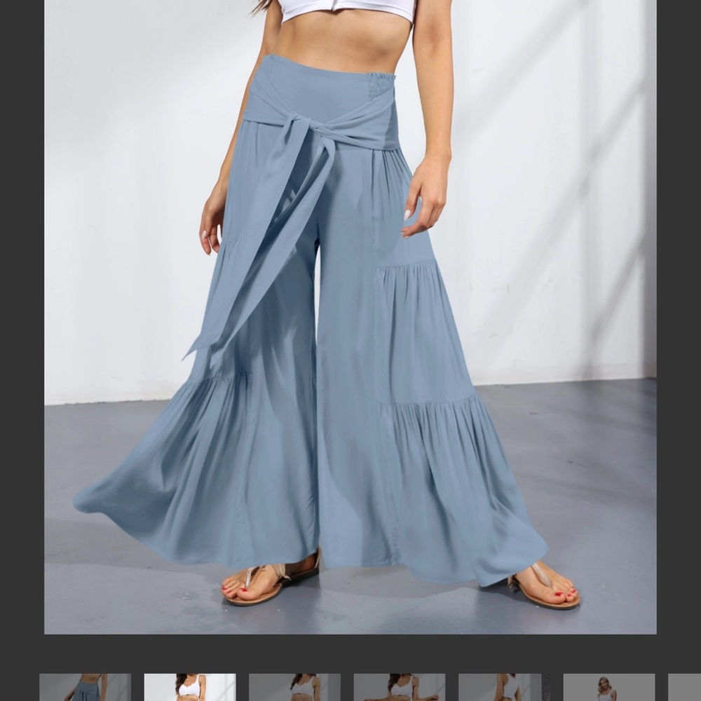 Happily Grey Soft Light Blue Wide Leg Tiered with Tie Waist